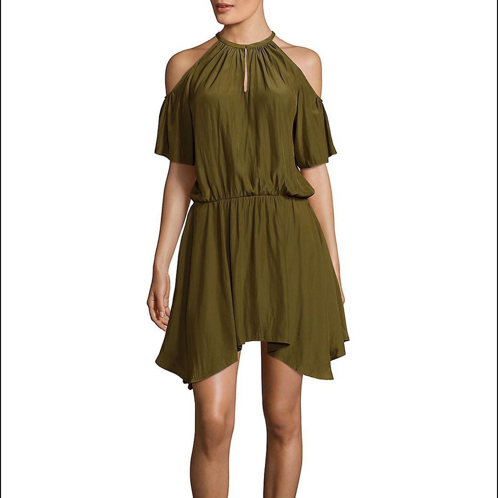 Ramy Brook Olive Cold Shoulder Handkerchief Hem Mini Dress - Picture 2 of 10